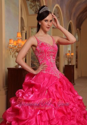 Hot Pink Quinceanera Dress Spaghetti Pick-ups Sweep Train