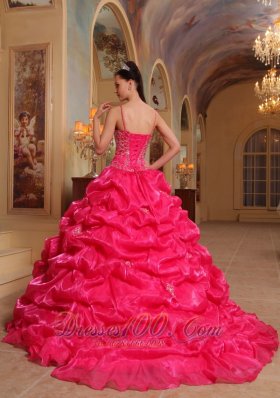 Hot Pink Quinceanera Dress Spaghetti Pick-ups Sweep Train