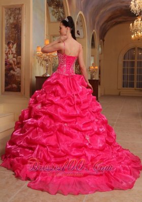 Hot Pink Quinceanera Dress Spaghetti Pick-ups Sweep Train