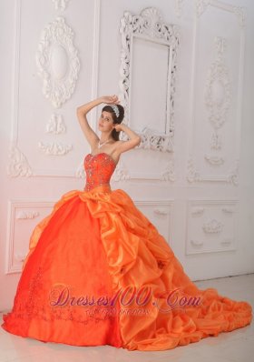 Orange Red Quinceanera Dress Beading Brush Train Sweetheart