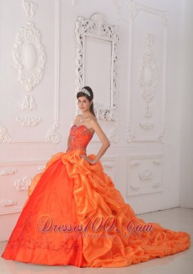 Orange Red Quinceanera Dress Beading Brush Train Sweetheart