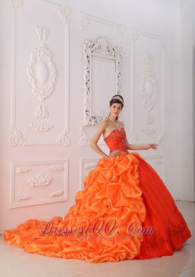 Orange Red Quinceanera Dress Beading Brush Train Sweetheart