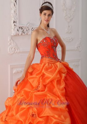 Orange Red Quinceanera Dress Beading Brush Train Sweetheart