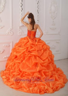 Orange Red Quinceanera Dress Beading Brush Train Sweetheart