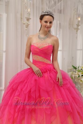 Strapless and Ball Gown Beading Quinceanera Dress Layer Hot Pink