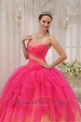 Strapless and Ball Gown Beading Quinceanera Dress Layer Hot Pink