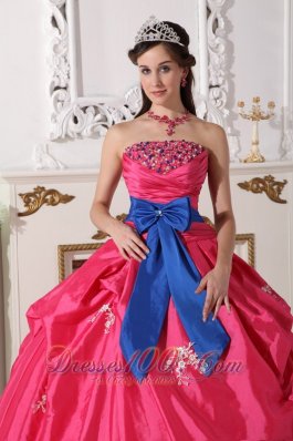 Hot Pink Strapless Quinceanera Dress Bowknot Embroidery
