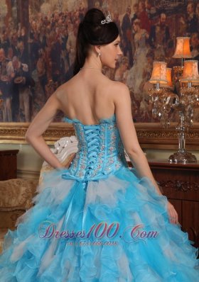 Aqua Quinceanera Gown Strapless Ruffles Hand Made Flower