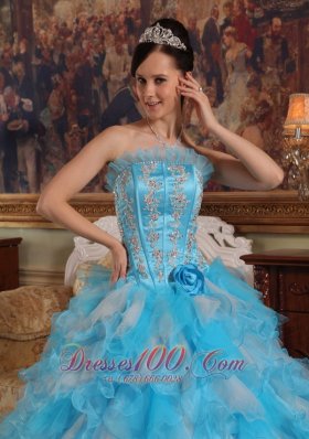 Aqua Quinceanera Gown Strapless Ruffles Hand Made Flower