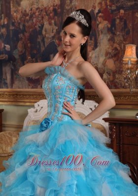 Aqua Quinceanera Gown Strapless Ruffles Hand Made Flower