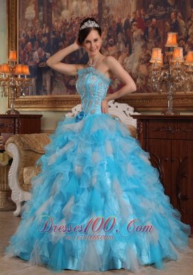 Aqua Quinceanera Gown Strapless Ruffles Hand Made Flower