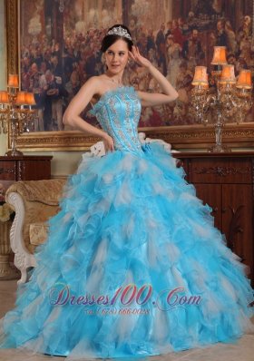 Aqua Quinceanera Gown Strapless Ruffles Hand Made Flower