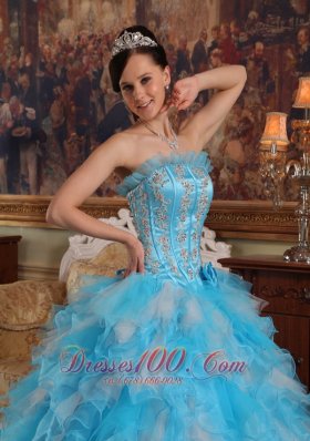 Aqua Quinceanera Gown Strapless Ruffles Hand Made Flower