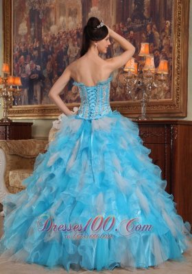 Aqua Quinceanera Gown Strapless Ruffles Hand Made Flower