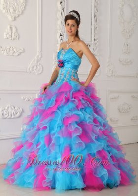 Sweetheart Aqua and Red Quinceanera Dress Hand Made Flower