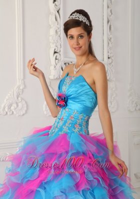 Sweetheart Aqua and Red Quinceanera Dress Hand Made Flower