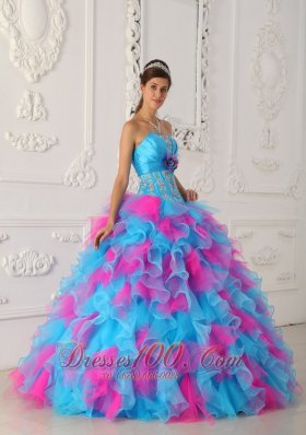 Sweetheart Aqua and Red Quinceanera Dress Hand Made Flower