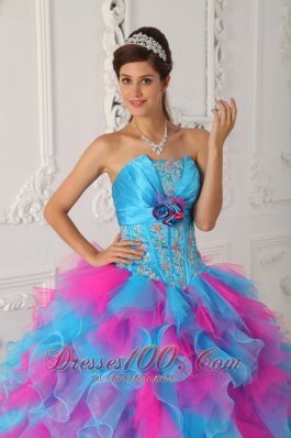 Sweetheart Aqua and Red Quinceanera Dress Hand Made Flower