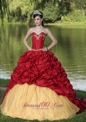 Wine Red Quinceanera Dress Yellow Embroidery with Train