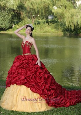 Wine Red Quinceanera Dress Yellow Embroidery with Train