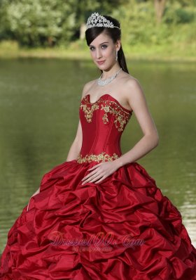 Wine Red Quinceanera Dress Yellow Embroidery with Train