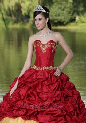 Wine Red Quinceanera Dress Yellow Embroidery with Train