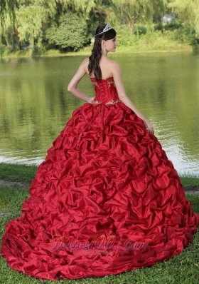 Wine Red Quinceanera Dress Yellow Embroidery with Train