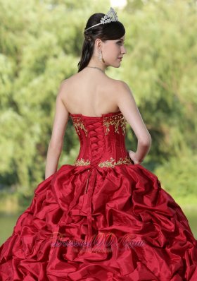 Wine Red Quinceanera Dress Yellow Embroidery with Train