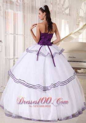 Strapless White and Purple Quinceanera Dress Gown