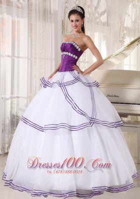 Strapless White and Purple Quinceanera Dress Gown