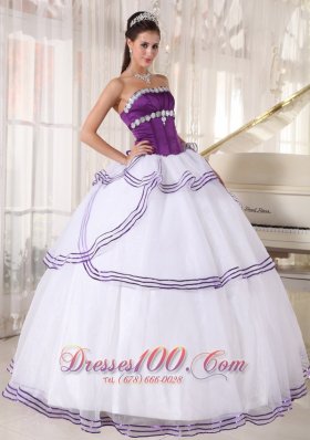 Strapless White and Purple Quinceanera Dress Gown