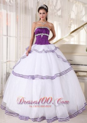 Strapless White and Purple Quinceanera Dress Gown