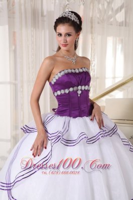 Strapless White and Purple Quinceanera Dress Gown