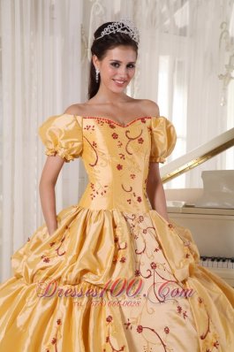 Off the Shoulder Gold Quinceanera Dress Embroidery Layer