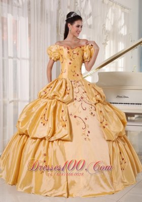 Off the Shoulder Gold Quinceanera Dress Embroidery Layer