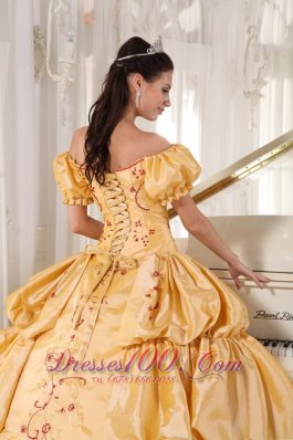 Off the Shoulder Gold Quinceanera Dress Embroidery Layer