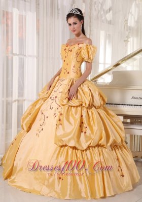 Off the Shoulder Gold Quinceanera Dress Embroidery Layer