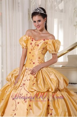 Off the Shoulder Gold Quinceanera Dress Embroidery Layer