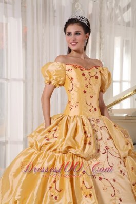 Off the Shoulder Gold Quinceanera Dress Embroidery Layer