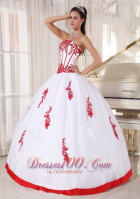 Strapless Pretty White and Red Ball Gown for Quince Boning