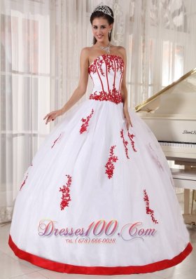 Strapless Pretty White and Red Ball Gown for Quince Boning