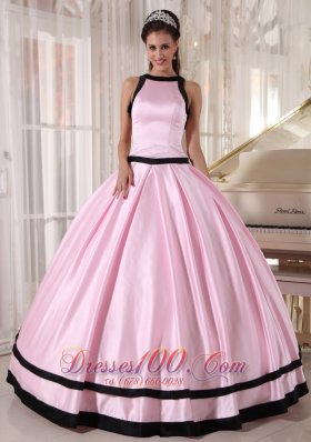 Baby Pink and Black Bateau Ball Gown for Quinceanera