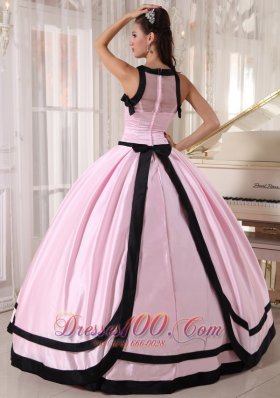 Baby Pink and Black Bateau Ball Gown for Quinceanera