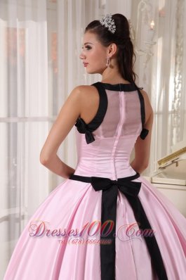 Baby Pink and Black Bateau Ball Gown for Quinceanera