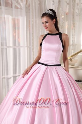 Baby Pink and Black Bateau Ball Gown for Quinceanera