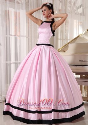 Baby Pink and Black Bateau Ball Gown for Quinceanera