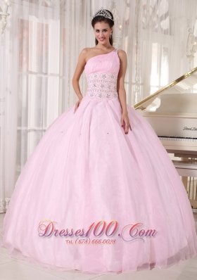 One Shoulder Pink Sweet 15 Dress Beading Ball Gown