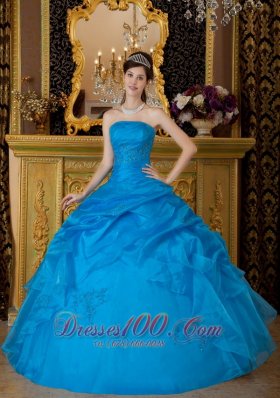 Strapless Ball Gown Pick-ups Quinceanera Dress Blue