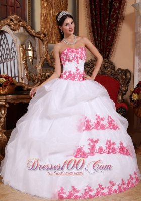 White and Pink Sweet 15 Dress Appliques Sweetheart