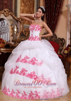 White and Pink Sweet 15 Dress Appliques Sweetheart